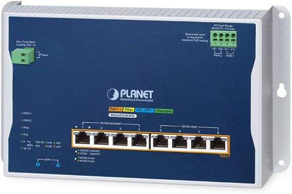Planet WGS-6325-8UP2X Industrial Flat Wall Mount L3 Managed 8 Ports 802.3bt PoE++ Switch, 4 2.5G + 4 Gigabit 95W PoE++, 2 10G SFP+, 480W PoE Budget, ERPS, 1588 PTP, Modbus TCP, MQTT