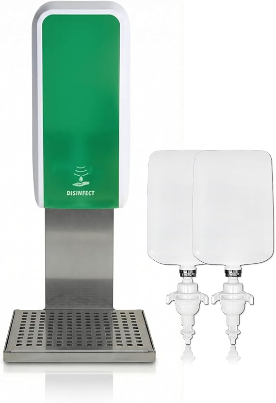 Blanc Disinfectant Dispenser Touch Free + 6 x 1L Hand Disinfectant + Stainless Steel Holder with Crumb Tray Set