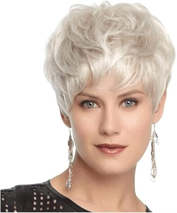 Wig Short Platinum Blonde Synthetic Wig for White Women Pixie Cut Gold Wig with Bang Women