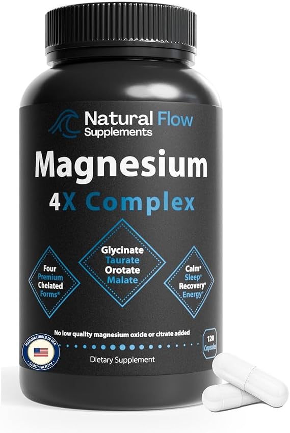 Natural Flow Magnesium Glycinate Complex 200mg Elemental Mg 4 Chelated Forms: Glycinate, Taurate, Malate & Orotate No Oxide, No Citrate Calm, Sleep & Muscle Support 120 Veg Capsules, 60 Days