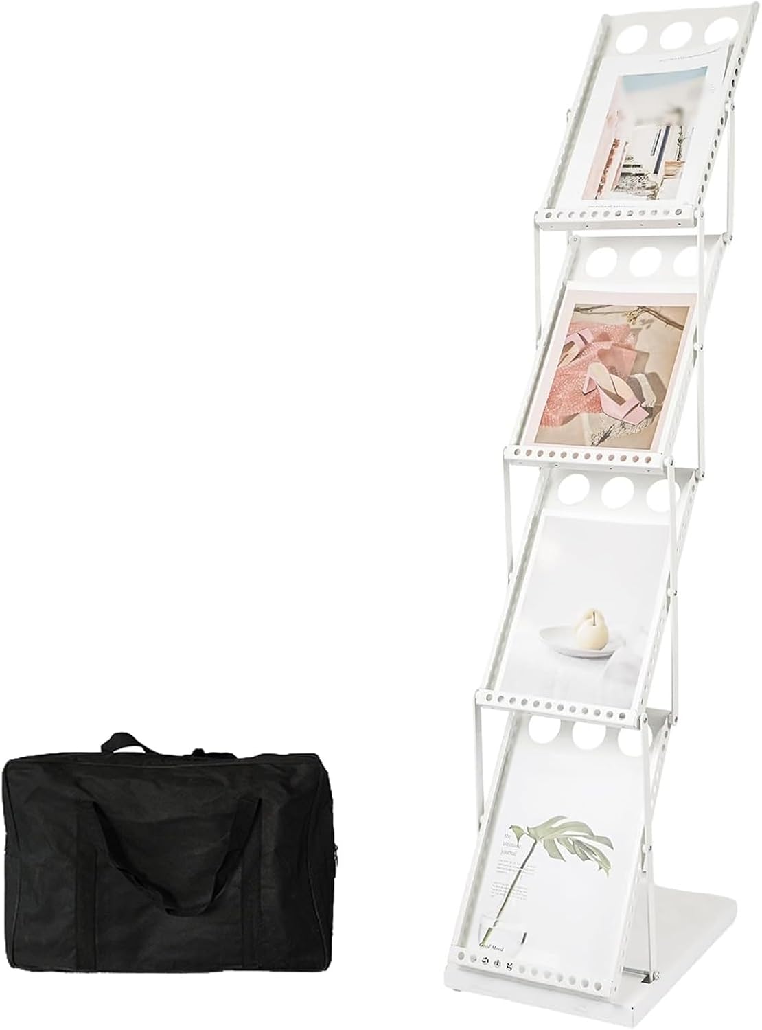 4 Tier Magazine Stand for Display Floor Standing Literature Catalog Rack Foldable Brochure Stand Comic Book Storage for Trade Show Display, Living Rooms, Hotels, Exhibitions, OfficesWhite