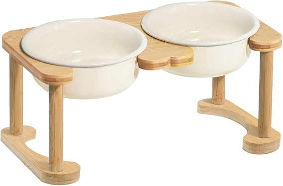 Elevated Ceramic Dog Bowl with Stand, Raised Food and Water Feed Set, Beige