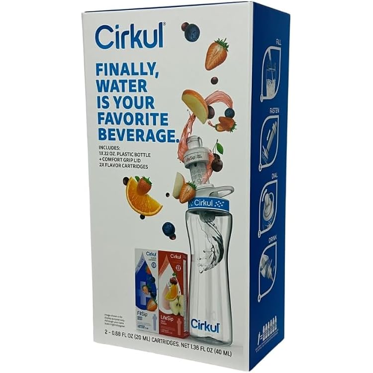 Cirkul 22 oz Plastic Water Bottle Starter Kit with Blue Lid With 1 Fruit Punch & 1 Mixed Berry Cartridge - Great for staying hydrated