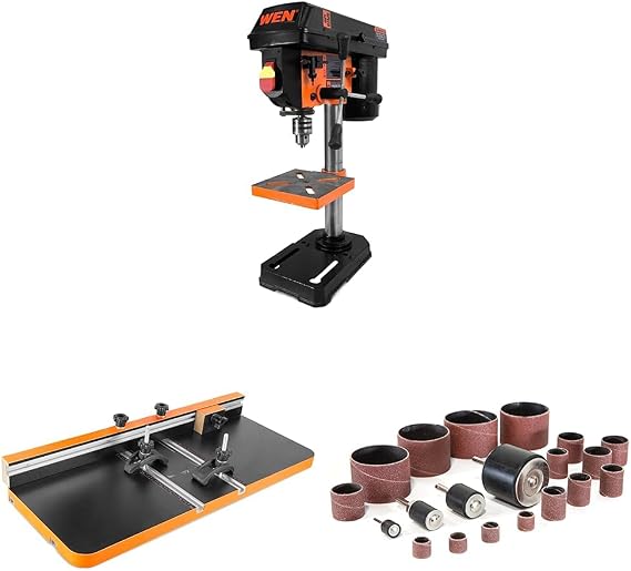 WEN 4208T 2.3-Amp 8-Inch 5-Speed Cast Iron Benchtop Drill Press & 24-by-12-Inch Drill Press Table with an Adjustable Fence and Stop Block & 20-Piece Sanding Drum Kit for Drill Presses and Power Drills