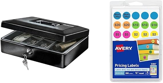 SentrySafe Cash Box with Money Tray and Key Lock & Avery Preprinted Removable Garage Sale Labels, 0.75 Inches, Round, Pack of 350 (5480),Assorted Neon
