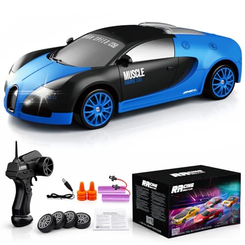 Remote Control Car RC Drift Car 2.4GHz 1:24 Scale 4WD 15KMH High Speed Model Vehicle with LED Lights Drifting Tire Racing Sport Toy Car for Adults Boys Girls Kids Gift 2Pcs Rechargeable Batteries