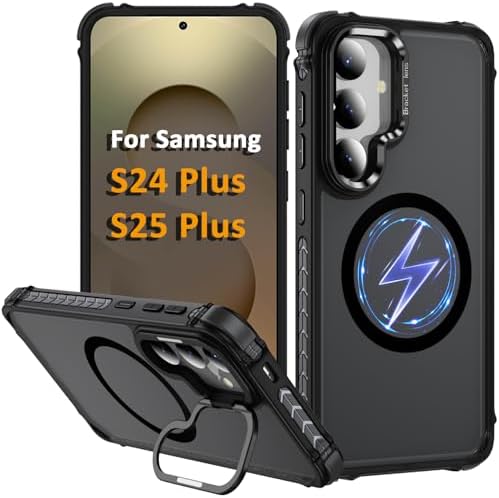 S24 Plus Case, S25 Plus Case, Magnetic Compatible with MagSafe Wireless Charging, Heavy Duty, Shockproof, Adjustable Kickstand, Slim Matte Anti-Fingerprint Black.