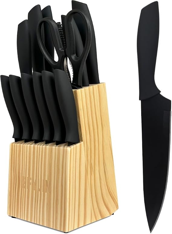 Knife Set 14-Piece Kitchen Knife Set with Wooden Block Knife Block Set with Non-Stick Coating Chef's Knife Bread Knife Paring Knife Steak Knife Sharpener (14-Piece Set)