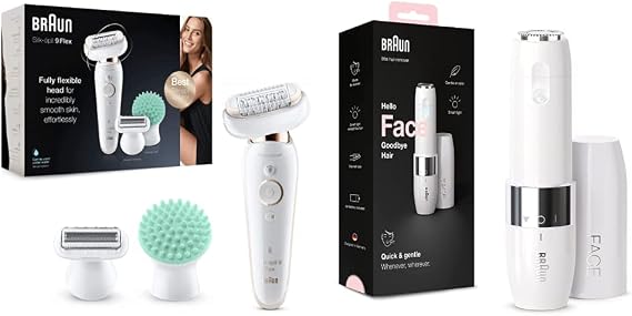 Braun Silk-épil 9 Flex Epilator, Flexible Head, White/Gold & Face Mini Hair Remover, Facial Hair Removal Anytime, Portable Design