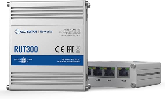 Teltonika RUT300 000100 Industrial Ethernet Router, Sturdy Aluminum Housing, Compatible with Teltonika Remote Management System, 5 x Fast Ethernet Ports (10/100 Mbps), Passive PoE, USA PSU, Silver