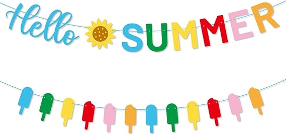 2Packs Hello Summer Banner,Summer Hawaiian Party Decorations Colorful Sunflower Ice Cream Hanging Bunting Garlands for Hawaiian Tropical Pool Beach Party Decorations Supplies
