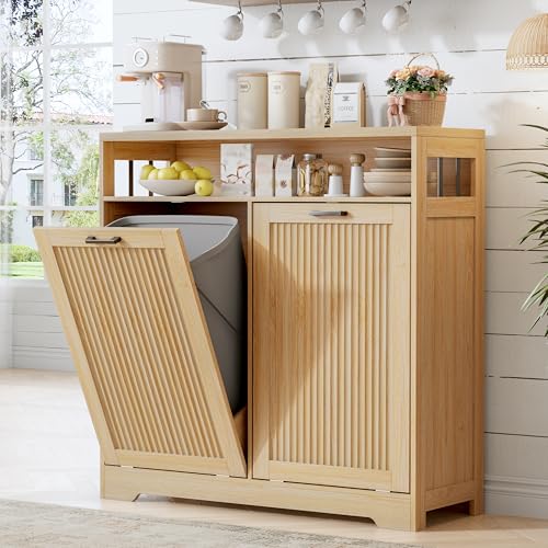 13 Gallon Double Tilt Out Trash Can Cabinet with Open Shelf & Storage - Pet Proof Hidden Recycling Cabinet & Wooden Laundry Hamper for Kitchen, Bathroom, Living Room, Natural Wood