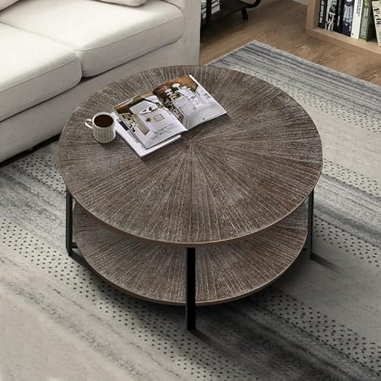 31.5 D x 31.5W x 18.3H Round Coffee Table with 2-Tier Storage, Farmhouse Living Room Cocktail Table with Black Metal Leg,Patchwork Desktop Effect Easy Assembly Antique Brown