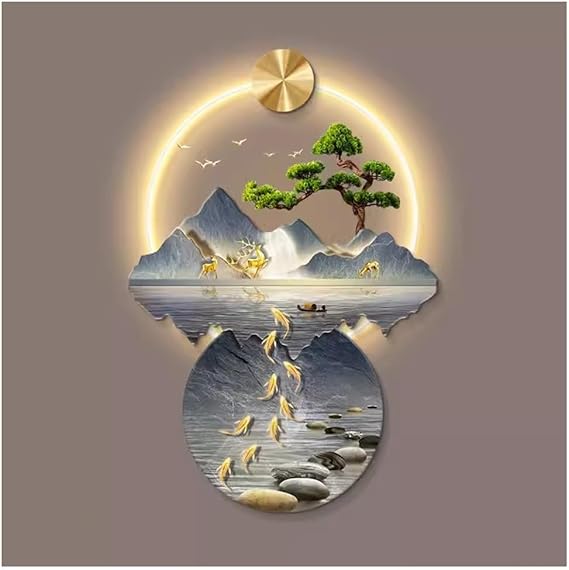 GZHERVICES Wall Art Decor, Wall Sculptures Wall Hanging Art with Led Light, Wall Art Decorations Lamp, Oriental Decor Traditional Chinese Wall Hanging Painting(Color:Brown-J,Size:60x90cm/23.6x35.4in)