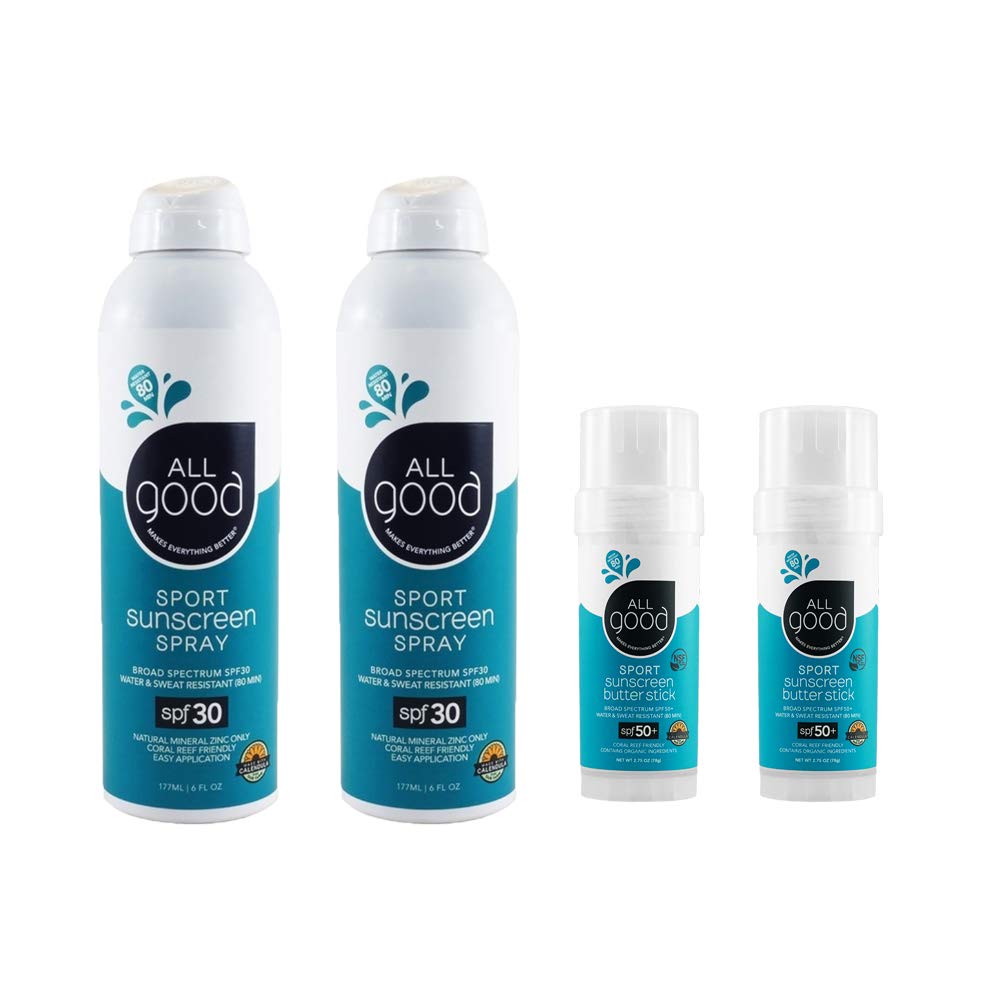 All Good Sport Face & Body Sunscreen - UVAUVB Broad Spectrum, Water Resistant, Coral Reef Friendly - 2 30 SPF Sunscreen Sprays & 2 50 SPF Butter Sticks