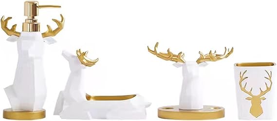 Country Wilderness Elk Farmhouse Bathroom Accessories Decor Included Dispenser, Soap Tray, Toothbrush Holder and Tumbler Ceramic,Gold