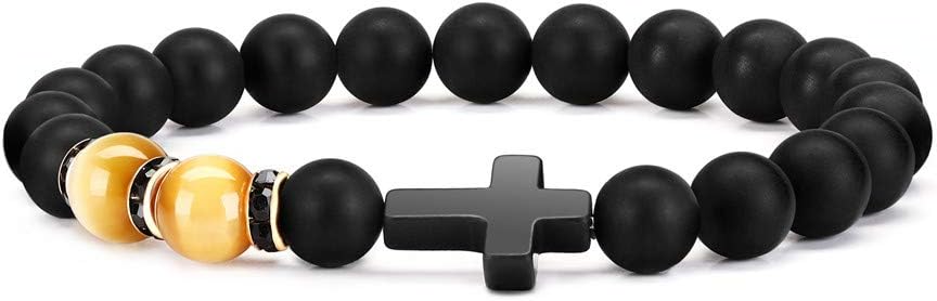 Byson Fashion Religion Cross Men Women 8mm Natural Stone Tiger Eye & Black Matte Agate Beads Bracelet Elastic Bracelet Bangle
