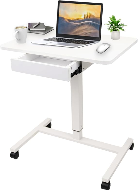 CLATINA Mobile Laptop Standing Desk, Height Adjustable Teacher Podium with Lockable Wheels, Adjustable Work Table with Drawer, Computer Cart Overbed Table for Home, Office, Classroom, White