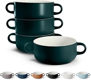 Kook Soup Crocks, Ceramic Bowls, Broil, Oven, Microwave and Dishwasher Safe, with Handles, For Casserole, Pasta, Cereal, 18 oz, Set of 4 Hunter Green