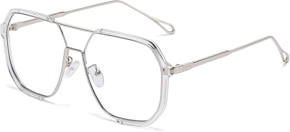 LJCZKA Square Blue Light Blocking Glasses Women Men 70s Pilot Metal Frame Oversized Double Bridge Computer Gaming Eyeglasses Anti Eyestrain Clear Lens