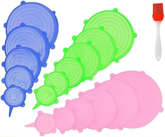 Silicone Stretch Lids, 18 Pack with Free Silicone Brush, 6 Sizes for Bowls, Cans & Containers, Reusable Food-Grade Covers for Food Storage, Leakproof & Microwave Safe