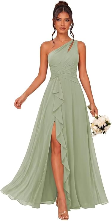 Ruffle Chiffon Bridesmaid Dress One Shoulder Split Maid of Honor Dresses A Line Formal Evening Gowns