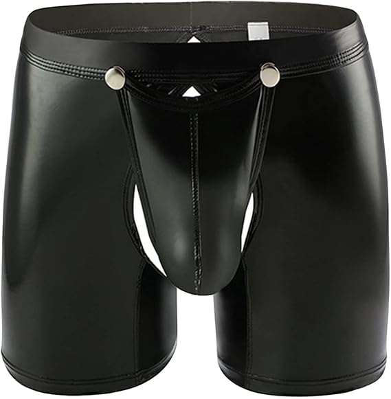 Men Sexy Lingerie PVC Boxer Faux Leather Brief Latex Shorts Pants Tights Wet Look Bikini Swim Trunks Nightclub (Black,Large)