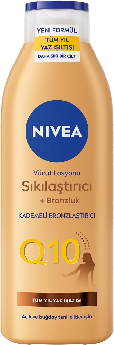 NIVEA Q10 Sıkılaştırıcı Ve Bronzlaştırıcı Vücut Losyonu 250ml, Kademeli Doğal Bronzluk, 7 Günde Sıkı Cilt, Açık ve Buğday Tenli Ciltler