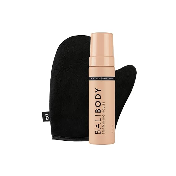 Bali Body Ultra Dark Self-Tanning Mousse + Mitt Bundle | Deep Looking Perfect Bronzed Shade | Streak-Free Green Based Tinted Self-Tanner + Reusable Stain-Free Tan Applicator | Vegan, Cruelty Free