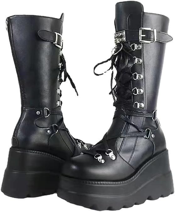 Gothniero Women Black Platform Goth Boots Knee High Chunky Heel Gothic Boot Women Black Combat Motorcycle Booties Round Toe with Zip 3UK-8UK