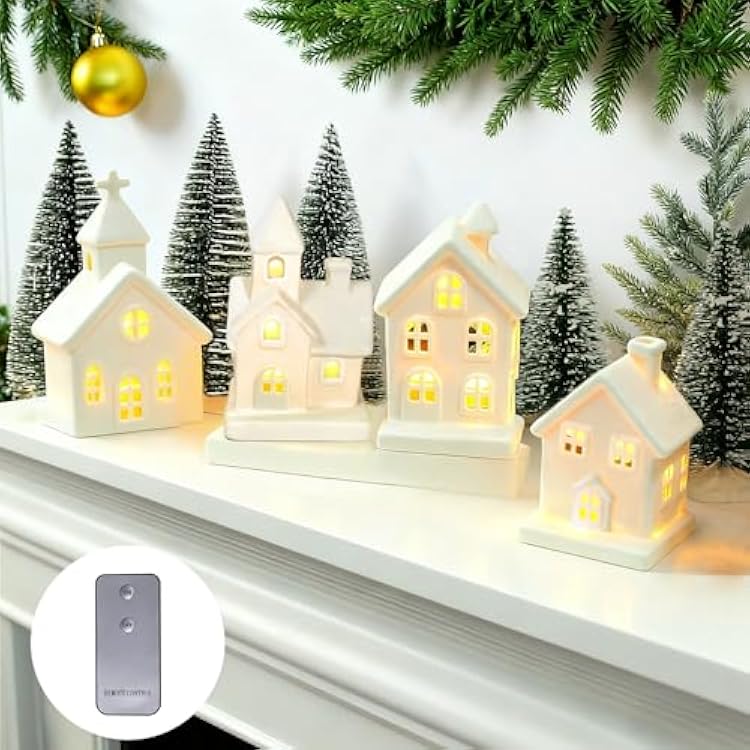 ZTL 9 Pcs Ceramic Christmas Village Set - 4 LED Village Houses 5 Xmas Trees 1 Remote,Porcelain Miniature Christmas Figurines Decorations for Home Tabletop Mantel Shelf Decor
