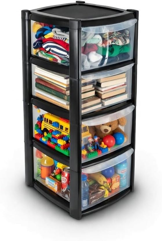 ORGANIZED® Large 4 Drawer Plastic Storage Tower Black - Multipurpose Storage For Home | Office | Garage | School | Children's Toys | Stationary