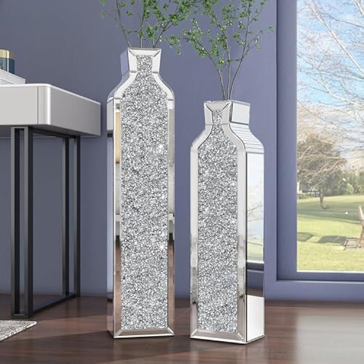 SHYFOY Floor Vase Crushed Diamond Mirrored Vase - Silver Floor Standing Vases Set of 2-24 & 30 Large Crystal Tall Vases for Living Room Dining Bedroom Home Corner Hallway Indoor Office Floor