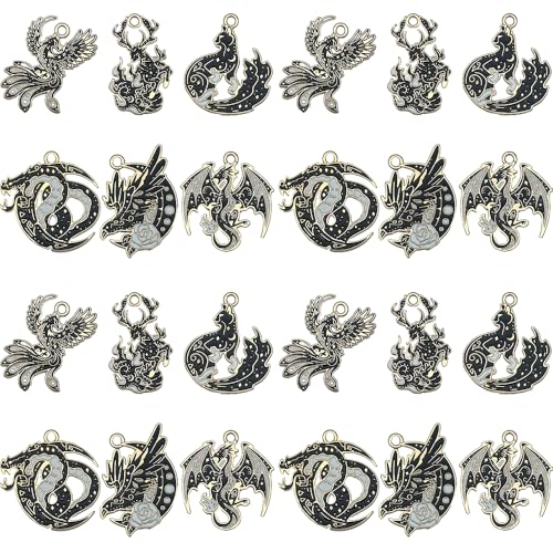 Sailanzi 12pcs Alloy enamel black Gothic style animal flying dragon fox series Pendant Jewelry Making DIY Keychain Earrings Pendant Various Design Charms for Jewelry Making Bracelets Necklace SN981