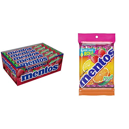 Mentos Chewy Mint Candy Roll, Strawberry, Fruit, Non Melting, Party 15 Count, 6 Count