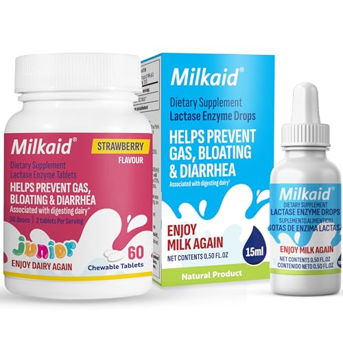 Milkaid Junior Lactase Enzyme Chewable Tablets Lactase Drops for Lactose Intolerance Relief | Prevents Gas, Bloating, Diarrhea in Children | Fast Acting Dairy Digestive Supplement |