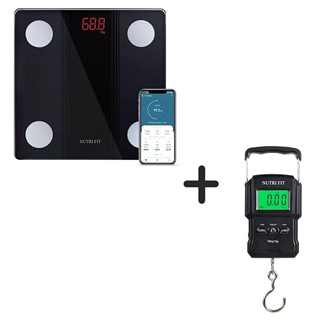 NUTRI FIT Smart Body Fat Bluetooth Scale Slim & Portable + Digital Hanging Luggage Scale for Fish Weight- 2 Pack