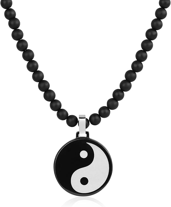 GAVU Shell Pearl and Black Onyx Necklace for Men, Yin Yang Pendant, Crystal Beaded