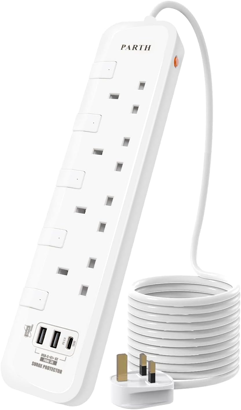 5M Extension Lead with USB Slots, 4 Way 3 USB 2 USB A &1 USB C Wall Mounted Power Strip Surge Protector, Plug Extension Socket with Swithches 5 Meters Cable UK Surge Protected Extension Cord
