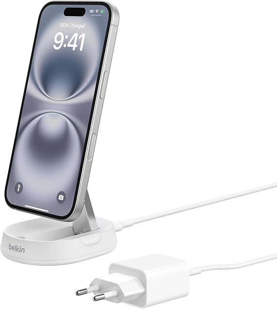 Belkin BoostCharge Pro Inductive Charging Station 15W Qi2 Charger Wireless Charger Compatible with MagSafe Wireless Qi2 Charging Station for Apple iPhone 16/15/14/13/12 + 20W Power Supply - White