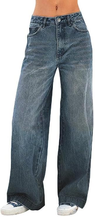 EMMIOL Women Baggy Jeans Mid-Low Waist Boyfriend Streetwear Vintage Jeans Wide Leg Denim Pants