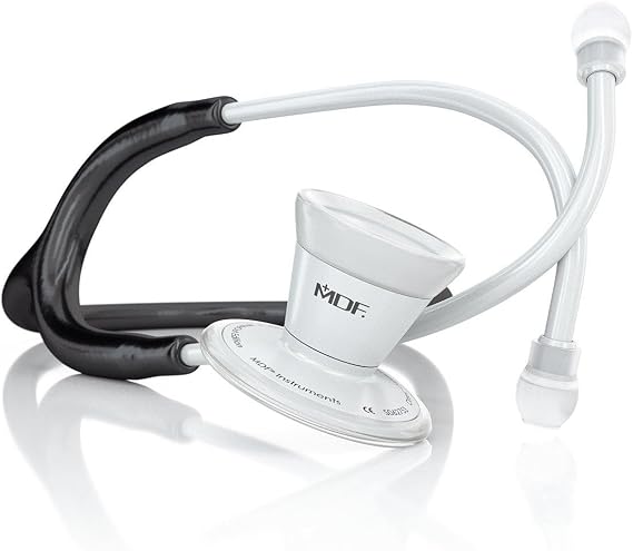 MDF Instruments ProCardial Cardiology Stethoscope, Stainless Steel, Adult, Dual Head, Black Tube, White Chestpiece-Headset, MDF797WO11