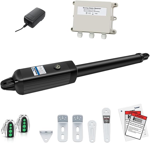 TOPENS A8 Automatic Gate Opener for Heavy Duty Single Swing Gates Up to 18ft, Single Swing Gate Operator Battery Powered with Remote Control Kit Gate Motor Solar Compatible