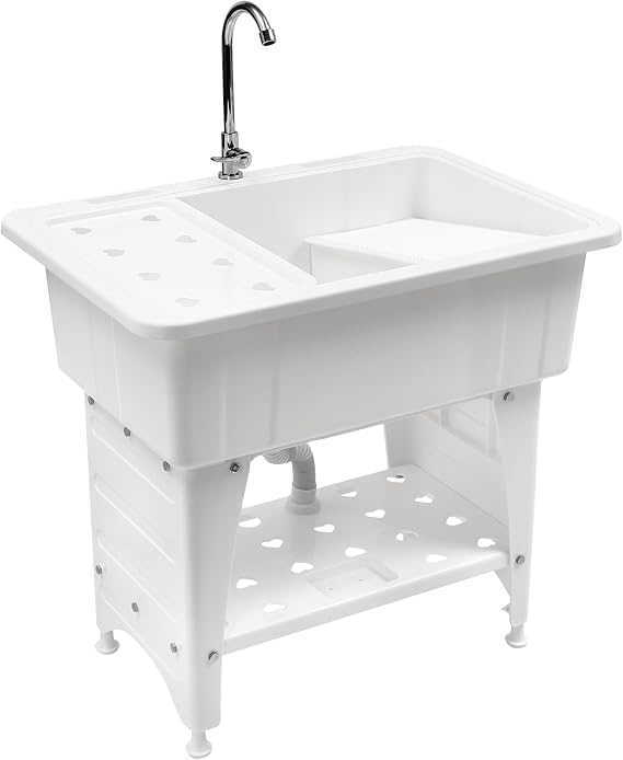 Laundry & Utility Sinks, Freestanding PP Laundry Sink Kit with Washboard,32.28 * 22.44 * 9.84 In Indoor Outdoor Utility Sink with Faucet, Hoses Drain Kit for Laundry Room & Garage...
