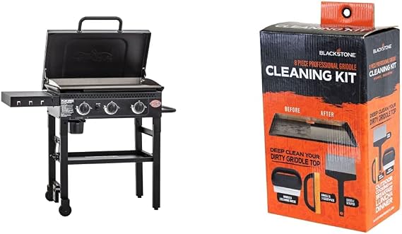 Char-Griller Flat Iron 3 Burner Outdoor Gas Griddle with Lid, Black & Blackstone 5060 Grill & Griddle Kit 8 Pieces Premium Flat Top Grill Accessories Cleaner Tool Set, Black