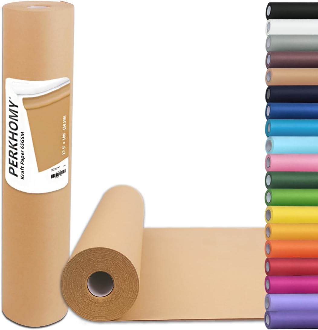 PerkHomy Brown Kraft Paper Roll 17.5" x 1,200" 100' for Gift Wrapping Bulletin Board Craft Art Bouquet Flower Packing Moving Shipping Floor Covering Table 70GSM 50LB Brown, 17.5" x 100'
