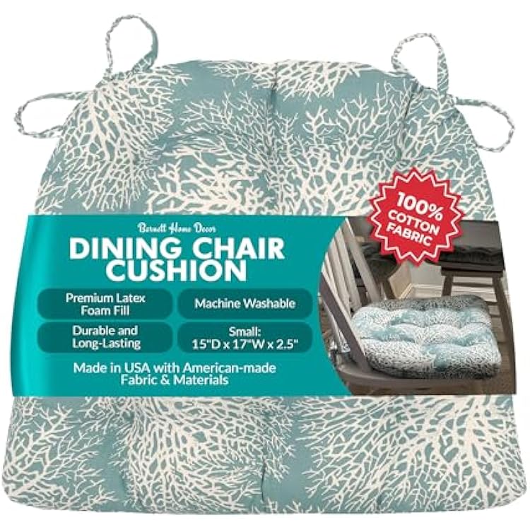Barnett Home Decor Ariel Fan Coral Dining Chair Pad with Ties - Latex Foam Fill - 100% Cotton, Made in USA - Machine Washable, Reversible Ariel Fan Coral, Small