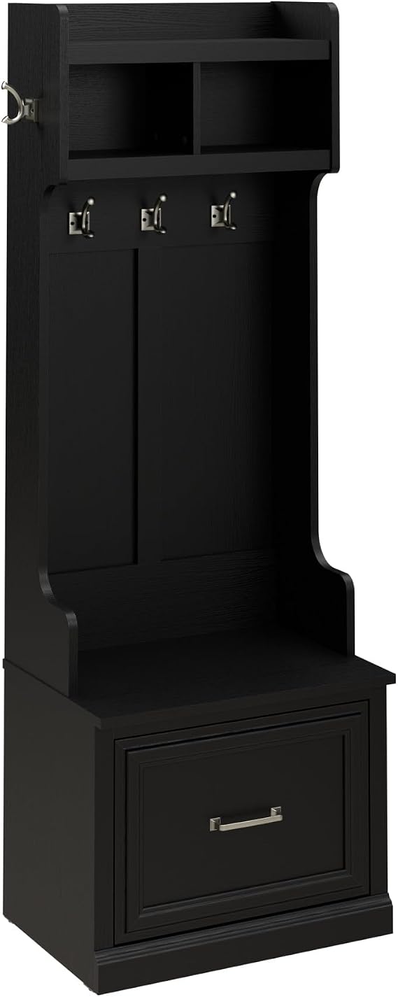 Bush Home Woodland 24W Hall Tree and Small Shoe Bench with Drawer in Black Suede Oak | Narrow Foyer, Mudroom, Entryway Storage