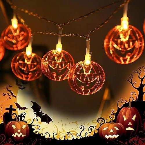 Halloween Orange Pumpkin Lanterns Battery Operated String Lights 30LED Indoor Outdoor Waterproof Jack Weird Smiley Face Party Decorations Warm White