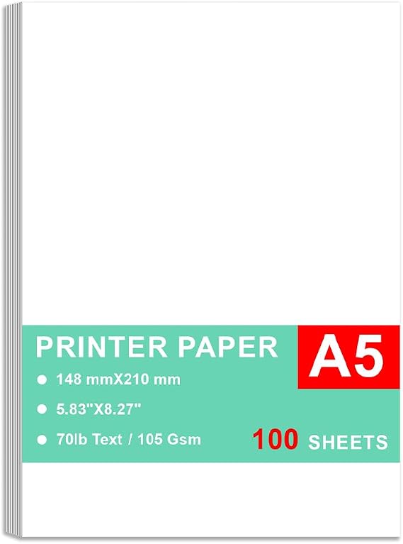 A5 Printer Paper - 100 Sheets, A5 Premium Bright White Paper, 28lb Bond / 70lb Text (105 gsm) Bright White Paper Great for Copy, Printing, Writing, 5.83" x 8.27" (148 x 210 mm)